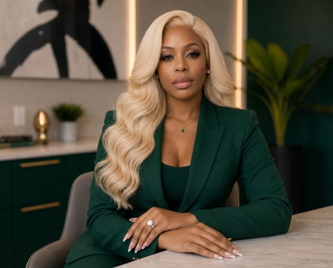 GenWealth Blueprint founder seated confidently at a marble desk in an emerald-green office